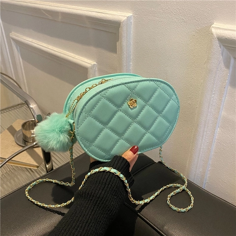 Borsa a Spalla Trapuntata da Donna Borsa a Tracolla in Pelle PU con Griglia a Diamanti Borsa Ovale con Ciondolo a Pompon e Chiusura a Fiore in Metallo