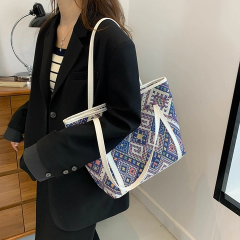 Ethnische Geometrische Gewebte Tragetasche Große Kapazität PU Lederbesatz Umhängetasche Vintage Muster Casual Handtasche Für Damen