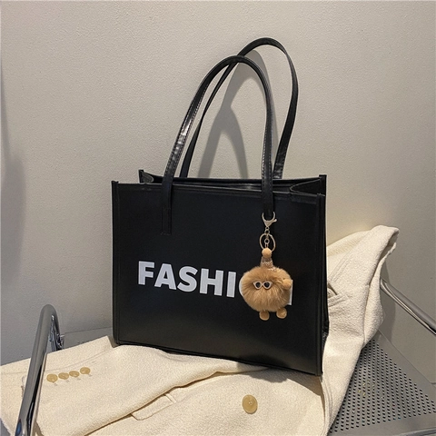 Bolso de Mano de Cuero PU Con Estampado de Letras de Moda para Mujer Bolso de Hombro Casual de Gran Capacidad Con Colgante
