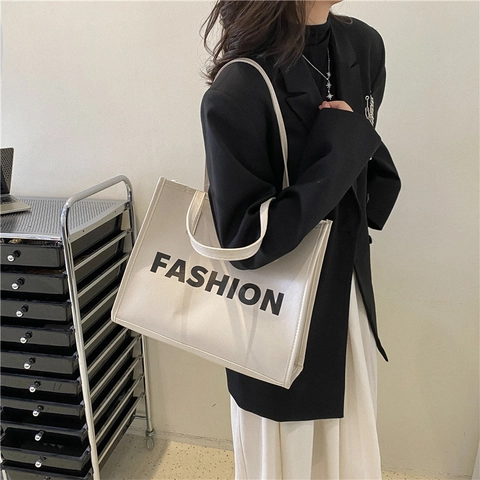 Bolso de Mano de Cuero PU Con Estampado de Letras de Moda para Mujer Bolso de Hombro Casual de Gran Capacidad Con Colgante