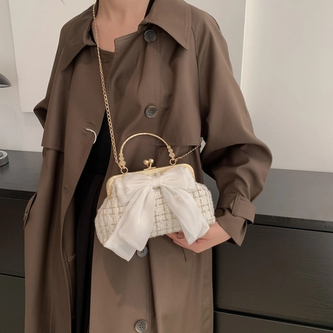 Sac à Bandoulière Élégant en Tweed pour Femmes avec Nœud Poignée Dorée Rétro Petit Sac Carré pour Soirée