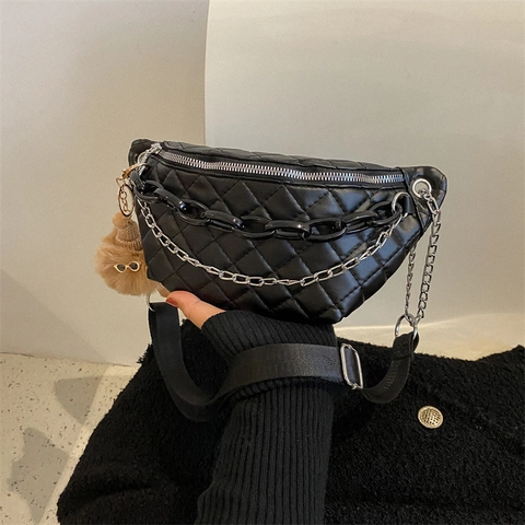 Women Casual Quilted PU Leather Waist Bag Crossbody Chest Bag with Chain Decor and Plush Charm Argyle Stitching Shoulder Bag