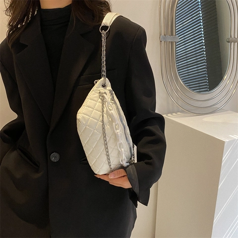 Women Casual Quilted PU Leather Waist Bag Crossbody Chest Bag with Chain Decor and Plush Charm Argyle Stitching Shoulder Bag