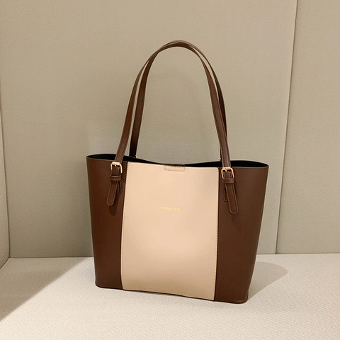 Mode Grote Capaciteit Kleurblok Tote Bag Dames PU Leer Stiksel Woon-werkverkeer Schoudertas Magnetische Gesp Handtas