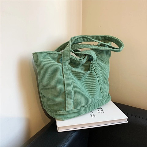 Bolso Tote de Pana de Gran Capacidad para Mujer Retro Color Sólido Bolso de Hombro Casual Con Bolsillo Delantero de Mano