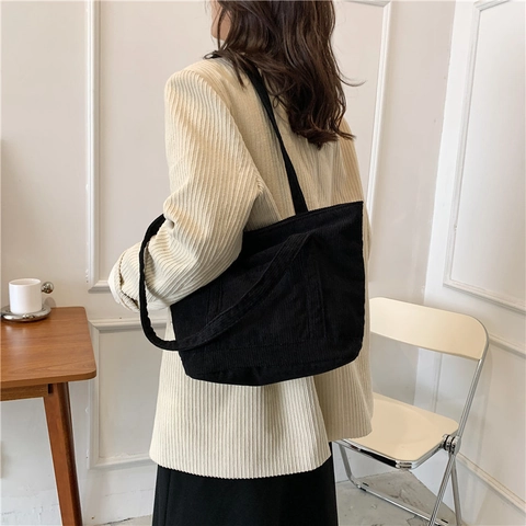 Bolso Tote de Pana de Gran Capacidad para Mujer Retro Color Sólido Bolso de Hombro Casual Con Bolsillo Delantero de Mano