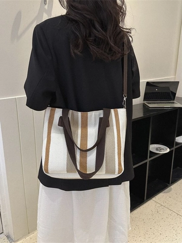 Sac Tote en Toile Femmes à Rayures Grande Capacité Sac à Main Bandoulière Décontracté Minimaliste Sacoche pour Travail École Voyage