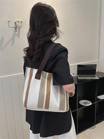 Sac Tote en Toile Femmes à Rayures Grande Capacité Sac à Main Bandoulière Décontracté Minimaliste Sacoche pour Travail École Voyage