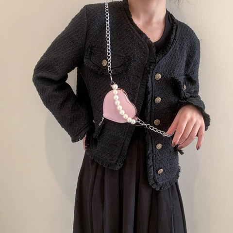 Minibolso de Hombro de Cuero PU con Forma de Corazón para Mujer con Asa de Perlas Artificiales Cadena de Metal Moda Diario