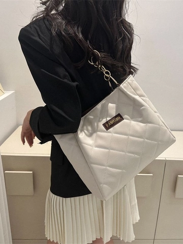 Bolso Tote de Moda para Mujer de Cuero PU Acolchado Gran Capacidad Patrón de Rombos Bolso de Hombro con Cadena Street Style