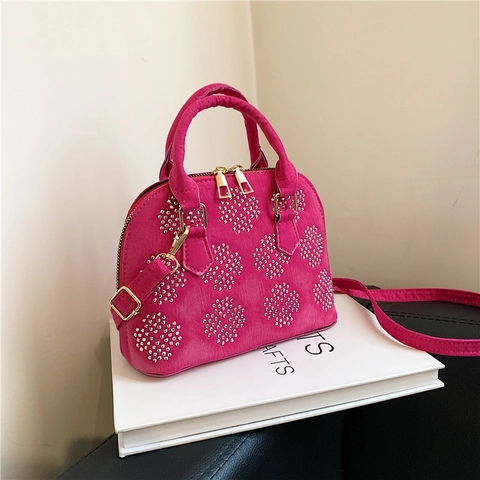 Bolso de Concha de Nylon de Moda para Mujer Textura de Gamuza Falsa Diamante de Imitación Remache Bolso de Hombro Elegante