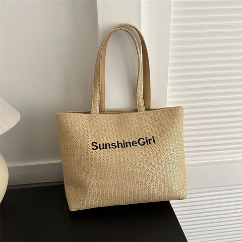 Mode Damen Große Kapazität Gewebte Baumwolle Leinen Tote Bag Sommer Casual Sunshine Girl Buchstabendruck Schultertasche Für Urlaub