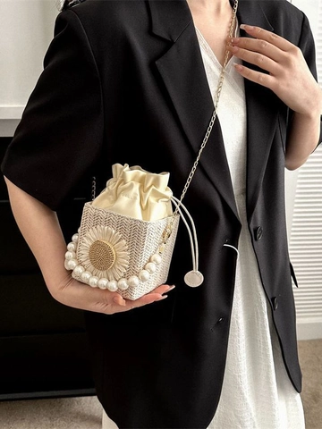 Borsa a Tracolla in Paglia Intrecciata Da Donna Con Manico In Perle Artificiali Secchiello Con Coulisse Per Viaggi In Spiaggia