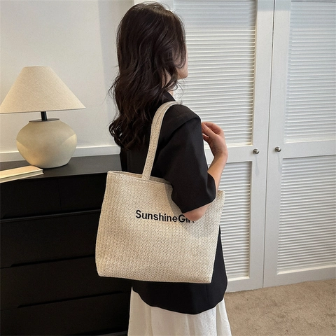 Mode Damen Große Kapazität Gewebte Baumwolle Leinen Tote Bag Sommer Casual Sunshine Girl Buchstabendruck Schultertasche Für Urlaub