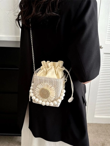 Borsa a Tracolla in Paglia Intrecciata Da Donna Con Manico In Perle Artificiali Secchiello Con Coulisse Per Viaggi In Spiaggia