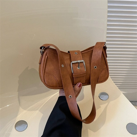 Vintage Women PU Leather Shoulder Bag Simple Square Baguette Bag With Large Metal Buckle Wide Strap Casual Commuter Handbag