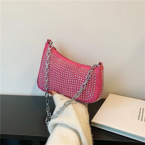 Borsa a Tracolla in Pelle PU Rivettata Alla Moda Per Donna Borsa Ascellare con Catena Stile Punk Y2K Borsa Quadrata