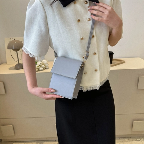 Bolso Bandolera Minimalista de Cuero PU para Mujer Bolso para Móvil Pequeño Cuadrado de Color Sólido Con Solapa y Correa Única