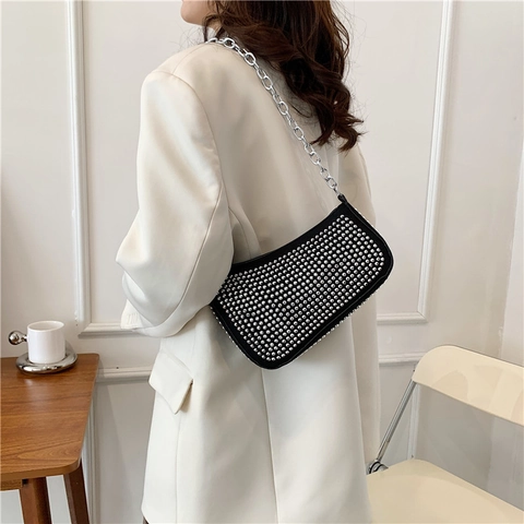 Borsa a Tracolla in Pelle PU Rivettata Alla Moda Per Donna Borsa Ascellare con Catena Stile Punk Y2K Borsa Quadrata