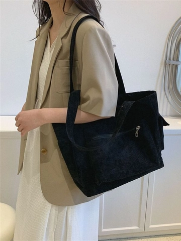 Bolso de Hombro de Pana para Mujer Gran Capacidad Retro Tote Con Bolsillo Frontal de Cremallera Bolso Casual de Color Sólido