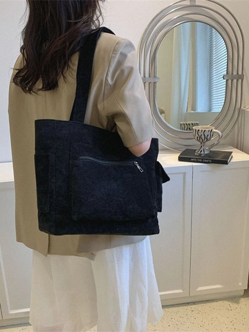 Bolso de Hombro de Pana para Mujer Gran Capacidad Retro Tote Con Bolsillo Frontal de Cremallera Bolso Casual de Color Sólido