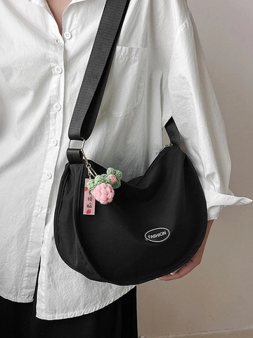 Borsa a Spalla a Mezzaluna in Tessuto Oxford di Grande Capacità Per Donna Borsa a Tracolla Minimalista Con Ciondolo a Fiore