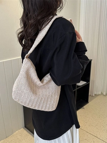 Women Large Capacity Woven Cotton Linen Shoulder Bag Casual Commuter Tote Bag Summer Beach Hobo Bag With Lock Closure