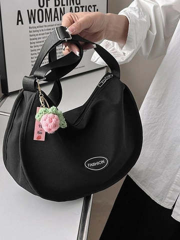 Borsa a Spalla a Mezzaluna in Tessuto Oxford di Grande Capacità Per Donna Borsa a Tracolla Minimalista Con Ciondolo a Fiore
