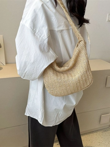 Women Large Capacity Woven Cotton Linen Shoulder Bag Casual Commuter Tote Bag Summer Beach Hobo Bag With Lock Closure
