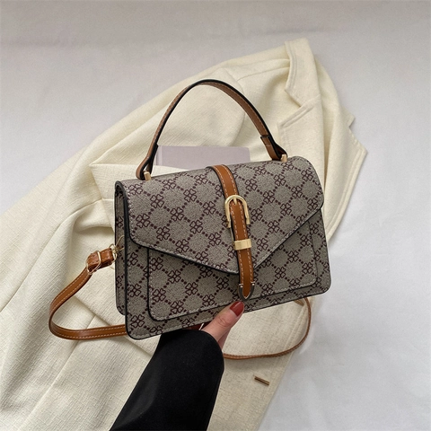 Bolso Cuadrado Pequeño Vintage con Estampado de Trébol para Mujer Bolso de Hombro de Cuero PU Casual con Solapa Minimalista