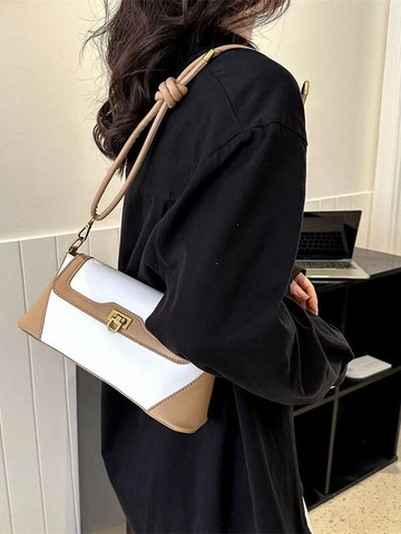 Bolso de Hombro de Bloques de Color para Mujer Cuero PU Retro Urbano Bolso Cuadrado Pequeño con Cierre de Metal Correa Anudada