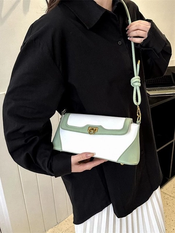 Bolso de Hombro de Bloques de Color para Mujer Cuero PU Retro Urbano Bolso Cuadrado Pequeño con Cierre de Metal Correa Anudada