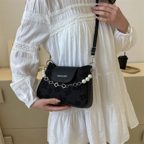 Bolso de Hombro con Relieve Floral para Mujer Cuero PU Bolso de Axila Con Cadena de Perlas Flor Correa Trenzada Elegante Diario