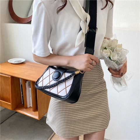 Women's PU Leather Rhombic Pattern Crossbody Bag With Braided Handle Wide Shoulder Strap Minimalist Small Square Shoulder Bag
