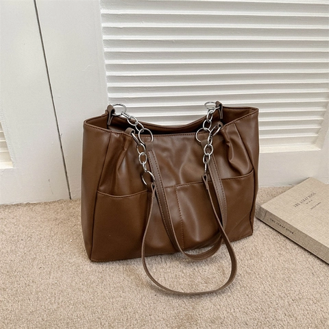 Bolso Tote de Cuero PU de Gran Capacidad para Mujer Bolso de Hombro Minimalista Con Cadena de Metal y Bolsillos Delanteros