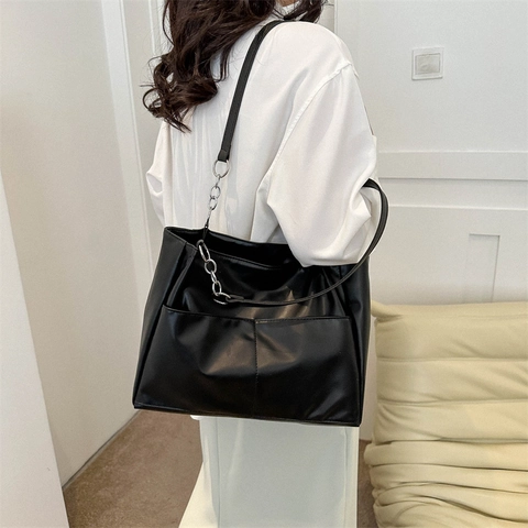 Bolso Tote de Cuero PU de Gran Capacidad para Mujer Bolso de Hombro Minimalista Con Cadena de Metal y Bolsillos Delanteros