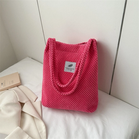 Sac Fourre-tout en Velours Côtelé pour Femmes Texture Popcorn Grande Capacité Sac à Épaule Décontracté Style Coréen Couleur Unie