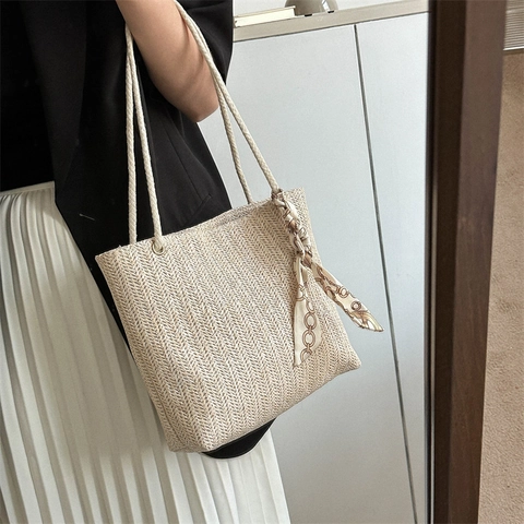 Damen Stroh Gewebte Tragetasche Mit Satin Schal Dekoration Große Kapazität Strand Urlaub Schultertasche Baumwollseil Griff