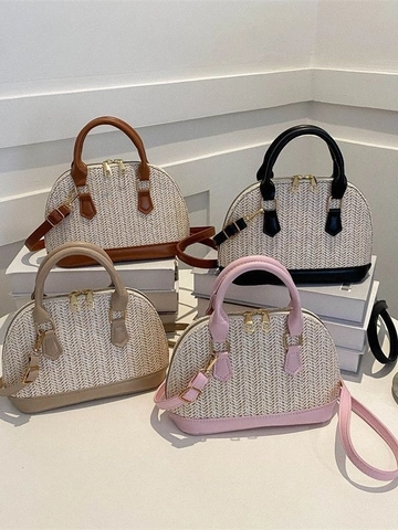 Borsa a Tracolla a Conchiglia in Paglia Intrecciata da Donna Borsa a Mano da Spiaggia Casual Con Rifiniture in Pelle PU
