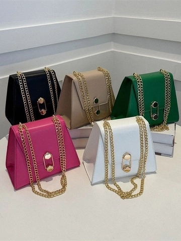Damen Fashion PU Leder Trapez Umhängetasche Mit Goldener Kette Geometrisches Schloss Minimalistische Crossbody Tasche