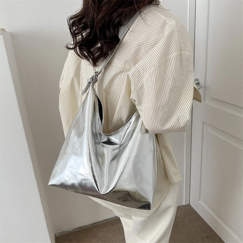 Damen Metallic Tote Bag Mit Großer Kapazität Weiches PU Leder Hobo Umhängetasche Minimalistische Urbane Freizeit Einkaufstasche