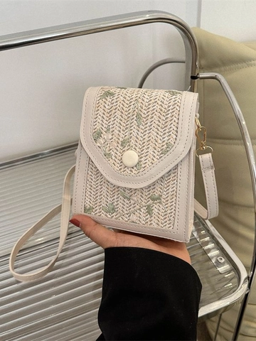 Women's Woven Shoulder Bag Mini Floral Embroidery Crossbody Phone Bag Cotton PU Leather Small Square Handbag Casual Summer Beach Purse