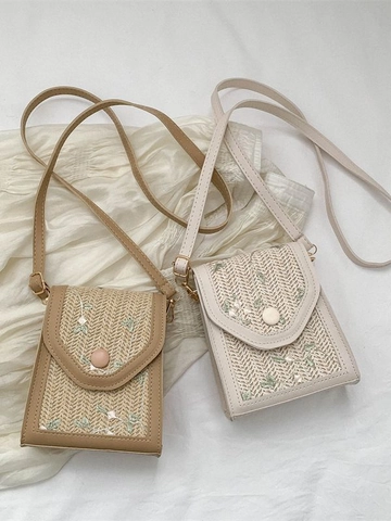 Women's Woven Shoulder Bag Mini Floral Embroidery Crossbody Phone Bag Cotton PU Leather Small Square Handbag Casual Summer Beach Purse