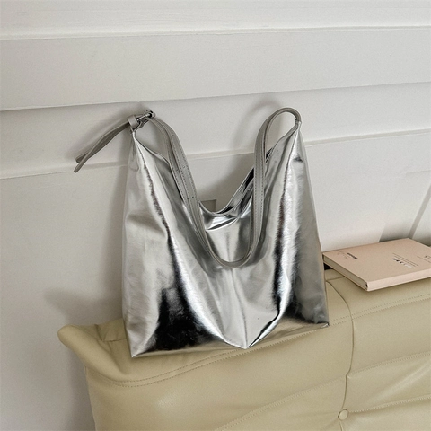 Borsa Tote da Donna Minimalista in Pelle PU Metallica Grande Capacità Finitura a Specchio Borsa a Tracolla Moda Oro Argento