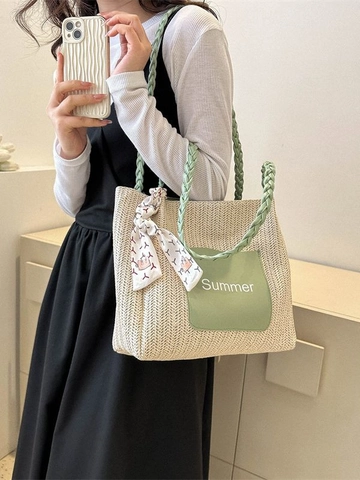 Sac Cabas Tissé en Paille Mode pour Femmes Grande Capacité Été Plage Sac à Épaule Avec Foulard Décoratif Impression de Lettres à Main