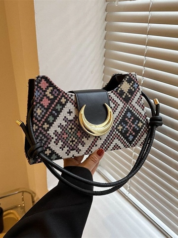 Vintage Ethnic Woven Shoulder Bag PU Leather Contrast Color Crescent Buckle Handbag For Women Daily Use Fashion Chic