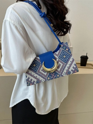 Vintage Ethnic Woven Shoulder Bag PU Leather Contrast Color Crescent Buckle Handbag For Women Daily Use Fashion Chic