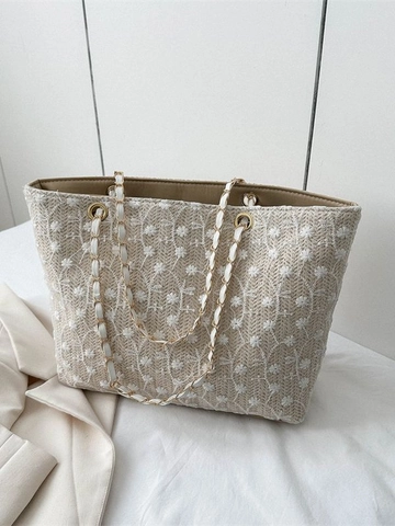 Bolso Tote de Paja Tejida con Bordado Floral para Mujer Verano Fresco Cadena Bolso de Hombro Gran Capacidad Bolso de Playa