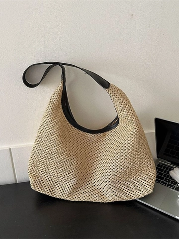 Bohemian Stro Geweven Schoudertas Voor Dames Grote Capaciteit Zomer Strand Vakantie Tote Handtas Met PU-Leer Contrastband