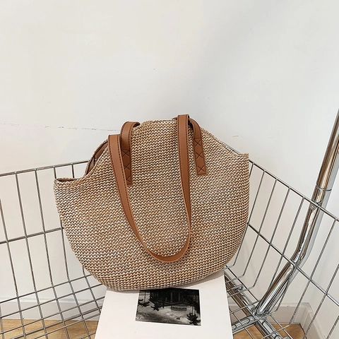Borsa Tote in Paglia Intrecciata a Mano per Donna Grande Capacità Borsa a Tracolla da Spiaggia Estiva Stile Pastorale Francese Borsa da Vacanza
